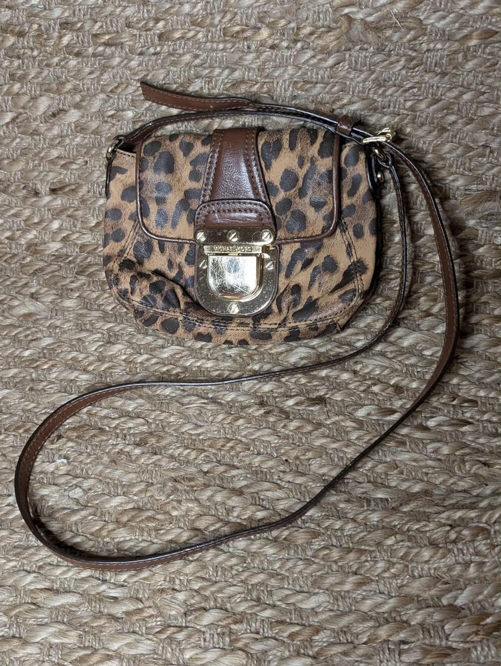 Michael Kors Animal Print Logo Crossbody Bag Purse Leather Gold Buckle Accents